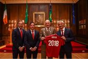 3 August 2018; Liverpool legends Ian Rush, Robbie Fowler and Jason McAteer visit Lord Mayor Nial Ring at Dublin's Mansion House to promote the Liverpool v Napoli game in Aviva Stadium on Saturday, August 4. Pictured is Dublin Lord Mayor Nial Ring being presented with a jersey by Ian Rush, alongside Jason McAteer and Robbie Fowler at the Liverpool Ambassadors visit to Dublin Lord Mayor at the Mansion House in Dublin. Photo by Eóin Noonan/Sportsfile