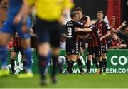 3 August 2018; Kevin Devaney of Bohemians, centre, celebrates with team mates after scoring his side's first goal during the SSE Airtricity League Premier Division match between Bohemians and Limerick at Dalymount Park in Dublin. Photo by Piaras Ó Mídheach/Sportsfile