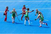 4 August 2018; Anna O’Flanagan of Ireland celebrates with team mates after scoring the opening goal from a penalty corner during the Women's Hockey World Cup Finals semi-final match between Ireland and Spain at the Lee Valley Hockey Centre in QE Olympic Park, London, England. Photo by Craig Mercer/Sportsfile