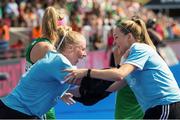 4 August 2018;  Ayeisha McFerran of Ireland celebrates victory with team mate Grace O’Flanagan after the Women's Hockey World Cup Finals semi-final match between Ireland and Spain at the Lee Valley Hockey Centre in QE Olympic Park, London, England. Photo by Craig Mercer/Sportsfile