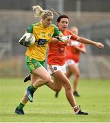 4 August 2018; Yvonne Bonner of Donegal  in action against Tiarna Grimes of Armagh during the TG4 All-Ireland Ladies Football Senior Championship quarter-final match between Armagh and Donegal at Healy Park in Omagh, Tyrone. Photo by Oliver McVeigh/Sportsfile