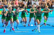 4 August 2018; Chloe Watkins, left, and Anna O'Flanagan of Ireland celebrates victory with team-mates after a sudden death penalty shootout during the Women's Hockey World Cup Finals semi-final match between Ireland and Spain at the Lee Valley Hockey Centre in QE Olympic Park, London, England. Photo by Craig Mercer/Sportsfile