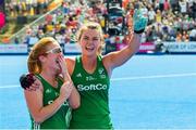 4 August 2018; Zoe Wilson, left, and Deirdre Duke of Ireland celebrate during a victory lap after the Women's Hockey World Cup Finals semi-final match between Ireland and Spain at the Lee Valley Hockey Centre in QE Olympic Park, London, England. Photo by Craig Mercer/Sportsfile