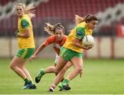 4 August 2018; Niamh Hegarty of Donegal  in action against Sharon Reel of Armagh during the TG4 All-Ireland Ladies Football Senior Championship quarter-final match between Armagh and Donegal at Healy Park in Omagh, Tyrone. Photo by Oliver McVeigh/Sportsfile