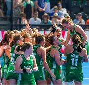 4 August 2018; Ireland players celebrate after the Women's Hockey World Cup Finals semi-final match between Ireland and Spain at the Lee Valley Hockey Centre in QE Olympic Park, London, England. Photo by Craig Mercer/Sportsfile