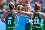 4 August 2018; Gillian Pinder of Ireland celebrates victory with team-mate Grace O’Flanagan after the Women's Hockey World Cup Finals semi-final match between Ireland and Spain at the Lee Valley Hockey Centre in QE Olympic Park, London, England. Photo by Craig Mercer/Sportsfile
