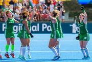 4 August 2018; Ireland players, from left, Zoe Wilson, Anna O'Flanagan, Yvonne O'Byrne, Nicola Evans, Megan Frazer, behind, and Roisin Upton celebrate on their victory lap after the Women's Hockey World Cup Finals semi-final match between Ireland and Spain at the Lee Valley Hockey Centre in QE Olympic Park, London, England. Photo by Craig Mercer/Sportsfile