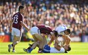 4 August 2018; Damien Comer of Galway in action against Niall Kearns, below, and Ryan Wylie of Monaghan during the GAA Football All-Ireland Senior Championship Quarter-Final Group 1 Phase 3 match between Galway and Monaghan at Pearse Stadium in Galway. Photo by Ramsey Cardy/Sportsfile