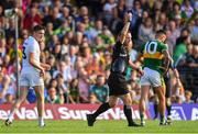 4 August 2018; Referee Derek O'Mahoney shows a black card to David Hyland of Kildare during the GAA Football All-Ireland Senior Championship Quarter-Final Group 1 Phase 3 match between Kerry and Kildare at Fitzgerald Stadium in Killarney, Kerry. Photo by Brendan Moran/Sportsfile