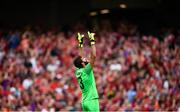 4 August 2018; Alisson Becker of Liverpool celebrates his side's fourth goal during the Pre Season Friendly match between Liverpool and Napoli at the Aviva Stadium in Dublin. Photo by Stephen McCarthy/Sportsfile