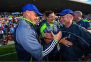 4 August 2018; Monaghan manager Malachy O'Rourke is congratulated by selector Leo McBride, right,  following their victory in the GAA Football All-Ireland Senior Championship Quarter-Final Group 1 Phase 3 match between Galway and Monaghan at Pearse Stadium in Galway. Photo by Ramsey Cardy/Sportsfile