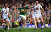 4 August 2018; Kevin McCarthy of Kerry in action against David Slattery and Éamonn Callaghan of Kildare during the GAA Football All-Ireland Senior Championship Quarter-Final Group 1 Phase 3 match between Kerry and Kildare at Fitzgerald Stadium in Killarney, Kerry. Photo by Brendan Moran/Sportsfile