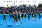 4 August 2018;  Ireland players celebrate victory after a sudden death penalty shootout during the Women's Hockey World Cup Finals semi-final match between Ireland and Spain at the Lee Valley Hockey Centre in QE Olympic Park, London, England. Photo by Craig Mercer/Sportsfile