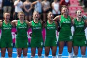 4 August 2018; The Ireland team sing the National Anthem prior to the Women's Hockey World Cup Finals semi-final match between Ireland and Spain at the Lee Valley Hockey Centre in QE Olympic Park, London, England. Photo by Craig Mercer/Sportsfile