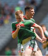 5 August 2018; Ryan O'Donoghue of Mayo celebrates after scoring his side's first goal during the EirGrid GAA Football All-Ireland U20 Championship final match between Mayo and Kildare at Croke Park in Dublin. Photo by Daire Brennan/Sportsfile