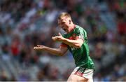 5 August 2018; Ryan O'Donoghue of Mayo celebrates after scoring his side's first goal during the EirGrid GAA Football All-Ireland U20 Championship final match between Mayo and Kildare at Croke Park in Dublin. Photo by Daire Brennan/Sportsfile