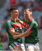 5 August 2018; Ryan O'Donoghue, right, and Ross Egan of Mayo celebrate after O'Donoghue scored his side's first goal during the EirGrid GAA Football All-Ireland U20 Championship final match between Mayo and Kildare at Croke Park in Dublin. Photo by Daire Brennan/Sportsfile