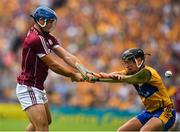 5 August 2018; Johnny Coen of Galway has his clearance blocked by David Reidy of Clare during the GAA Hurling All-Ireland Senior Championship semi-final replay match between Galway and Clare at Semple Stadium in Thurles, Co Tipperary. Photo by Brendan Moran/Sportsfile