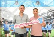 5 August 2018; Pictured is former Roscommon player Karol Mannion and former Dublin player Tomás Quinn in attendance marking the donation of the front of the jersey to Aoibheann’s Pink Tie. Guests attended a special pre-match hospitality event before the final Super 8 game between Dublin and Roscommon in AIG Ireland head offices at the IFSC in Dublin. Photo by Matt Browne/Sportsfile