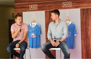 5 August 2018; Pictured are former Dublin player Tomás Quinn and former Roscommon player Karol Mannion in attendance marking the donation of the front of the jersey to Aoibheann’s Pink Tie. Guests attended a special pre-match hospitality event before the final Super 8 game between Dublin and Roscommon in AIG Ireland head offices at the IFSC in Dublin. Photo by Matt Browne/Sportsfile