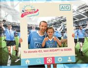 5 August 2018; Pictured is 7 year old Lauren Hayes from Sandyford and her dad Eoin in attendance marking the donation of the front of the jersey to Aoibheann’s Pink Tie. Guests attended a special pre-match hospitality event before the final Super 8 game between Dublin and Roscommon in AIG Ireland head offices at the IFSC in Dublin. Photo by Matt Browne/Sportsfile