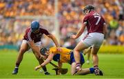 5 August 2018; Tony Kelly of Clare is tackled by Johnny Coen, left, and Aidan Harte of Galway  during the GAA Hurling All-Ireland Senior Championship semi-final replay match between Galway and Clare at Semple Stadium in Thurles, Co Tipperary. Photo by Brendan Moran/Sportsfile