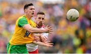 5 August 2018; Jamie Brennan of Donegal in action against Niall Sludden of Tyrone during the GAA Football All-Ireland Senior Championship Quarter-Final Group 2 Phase 3 match between Tyrone and Donegal at MacCumhaill Park in Ballybofey, Co Donegal. Photo by Stephen McCarthy/Sportsfile
