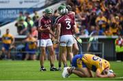 5 August 2018; Galway players David Burke, Daithí Burke, Adrian Tuohy, and Joseph Cooney celebrate as Aron Shanagher of Clare reacts after the GAA Hurling All-Ireland Senior Championship semi-final replay match between Galway and Clare at Semple Stadium in Thurles, Co Tipperary. Photo by Diarmuid Greene/Sportsfile