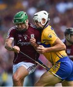 5 August 2018; Aron Shanagher of Clare collides with David Burke of Galway, a challenge for which Burke received a yellow card from referee Fergal Horgan, during the GAA Hurling All-Ireland Senior Championship semi-final replay match between Galway and Clare at Semple Stadium in Thurles, Co Tipperary. Photo by Diarmuid Greene/Sportsfile