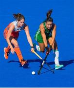5 August 2018; Anna O’Flanagan of Ireland battles with Marloes Keetels of the Netherlands during the Women's Hockey World Cup Final match between Ireland and Netherlands at the Lee Valley Hockey Centre in QE Olympic Park, London, England. Photo by Craig Mercer/Sportsfile