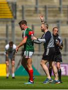 5 August 2018; Jordan Flynn of Mayo receives a red card from referee Niall Cullen during the EirGrid GAA Football All-Ireland U20 Championship final match between Mayo and Kildare at Croke Park in Dublin. Photo by Daire Brennan/Sportsfile