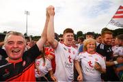 5 August 2018; Cathal McShane of Tyrone celebrates with supporters and his mother Theresa following the GAA Football All-Ireland Senior Championship Quarter-Final Group 2 Phase 3 match between Tyrone and Donegal at MacCumhaill Park in Ballybofey, Co Donegal. Photo by Stephen McCarthy/Sportsfile