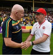 5 August 2018; Tyrone manager Mickey Harte shakes hands with Donegal manager Declan Bonner following bthe GAA Football All-Ireland Senior Championship Quarter-Final Group 2 Phase 3 match between Tyrone and Donegal at MacCumhaill Park in Ballybofey, Co Donegal. Photo by Philip Fitzpatrick/Sportsfile