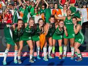 5 August 2018; Ireland players, from left, Yvonne O’Byrne, Nicola Daly, Roisin Upton, Deirdre Duke, Zoe Wilson, Elena Tice, and Lizzie Colvin celebrate with their silver medals after the Women's Hockey World Cup Final match between Ireland and Netherlands at the Lee Valley Hockey Centre in QE Olympic Park, London, England. Photo by Craig Mercer/Sportsfile