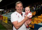 5 August 2018; Tyrone selector Gavin Devlin and his son Niall, 4 months, prior to the GAA Football All-Ireland Senior Championship Quarter-Final Group 2 Phase 3 match between Tyrone and Donegal at MacCumhaill Park in Ballybofey, Co Donegal. Photo by Philip Fitzpatrick/Sportsfile
