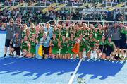 5 August 2018;  The Ireland team and coaching staff celebrate with their medals after the Women's Hockey World Cup Final match between Ireland and Netherlands at the Lee Valley Hockey Centre in QE Olympic Park, London, England. Photo by Craig Mercer/Sportsfile