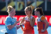 5 August 2018; Ayeisha McFerran of Ireland with Kitty van Male, left, and Lidewij Welten of the Netherlands after the Women's Hockey World Cup Final match between Ireland and Netherlands at the Lee Valley Hockey Centre in QE Olympic Park, London, England. Photo by Craig Mercer/Sportsfile