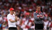 5 August 2018; Tyrone manager Mickey Harte and selector Stephen O'Neill prior to the GAA Football All-Ireland Senior Championship Quarter-Final Group 2 Phase 3 match between Tyrone and Donegal at MacCumhaill Park in Ballybofey, Co Donegal. Photo by Stephen McCarthy/Sportsfile