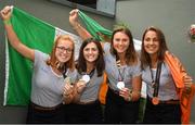 6 August 2018; Ireland players from left, Zoe Wilson, Roisin Upton, Deirdre Duke and Elena Tice during the Irish Hockey Squad homecoming from the Women’s Hockey World Cup at Dublin Airport in Dublin. Photo by Eóin Noonan/Sportsfile