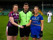 6 August 2018; Sligo captain Noelle Gormley and Wicklow captain Sarah Hogan exchange a handshake in the company of referee Eamonn Moran prior to the TG4 All-Ireland Ladies Football Intermediate Championship quarter-final match between Sligo and Wicklow at the Gaelic Grounds in Limerick. Photo by Diarmuid Greene/Sportsfile