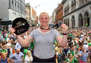 6 August 2018; Ireland's Ayeisha McFerran with her award for the tournament's best goalkeeper during their homecoming at Dame Street in Dublin after finishing second in the Women’s Hockey World Cup in London, England. Photo by Ramsey Cardy/Sportsfile