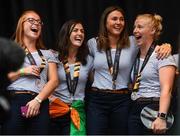 6 August 2018; Ireland players, from left, Zoe Wilson, Roisin Upton, Deirdre Duke, and Ayeisha McFerran during their homecoming at Dame Street in Dublin after finishing second in the Women’s Hockey World Cup in London, England. Photo by Ramsey Cardy/Sportsfile