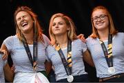 6 August 2018; Ireland's Nikki Evans, left, Chloe Watkins, centre, and Zoe Wilson during their homecoming at Dame Street in Dublin after finishing second in the Women’s Hockey World Cup in London, England. Photo by Ramsey Cardy/Sportsfile