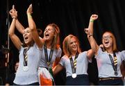 6 August 2018; Ireland players, from left, Anna O'Flanagan, Nikki Evans, Chloe Watkins and Zoe Wilson during their homecoming at Dame Street in Dublin after finishing second in the Women’s Hockey World Cup in London, England. Photo by Ramsey Cardy/Sportsfile