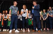 6 August 2018; Ireland captain Katie Mullan and head coach Graham Shaw with MC Des Cahill during their homecoming at Dame Street in Dublin after finishing second in the Women’s Hockey World Cup in London, England. Photo by Ramsey Cardy/Sportsfile