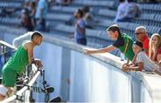 6 August 2018; Adam McMullen of Ireland speaking with Athletics Ireland High performance director Paul McNamara during the Mens Long Jump Qualfication Round during Day Q of the 2018 European Athletics Championships at Berlin in Germany.  Photo by Sam Barnes/Sportsfile