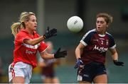 6 August 2018; Orla Finn of Cork in action against Lucy Power of Westmeath during the TG4 All-Ireland Ladies Football Senior Championship quarter-final match between Cork and Westmeath at the Gaelic Grounds in Limerick. Photo by Diarmuid Greene/Sportsfile