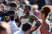 6 August 2018; Gina Akpe-Moses of Ireland,  is interviewed by David Gillick for RTE after competing in the Women's 100m Heats during Day Q of the 2018 European Athletics Championships at Berlin in Germany.  Photo by Sam Barnes/Sportsfile