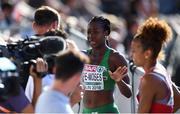 6 August 2018; Gina Akpe-Moses of Ireland,  is interviewed by David Gillick for RTE after competing in the Women's 100m Heats during Day Q of the 2018 European Athletics Championships at Berlin in Germany.  Photo by Sam Barnes/Sportsfile