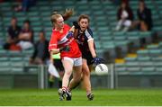6 August 2018; Daire Kelly of Cork in action against Lucy Power of Westmeath during the TG4 All-Ireland Ladies Football Senior Championship quarter-final match between Cork and Westmeath at the Gaelic Grounds in Limerick. Photo by Diarmuid Greene/Sportsfile